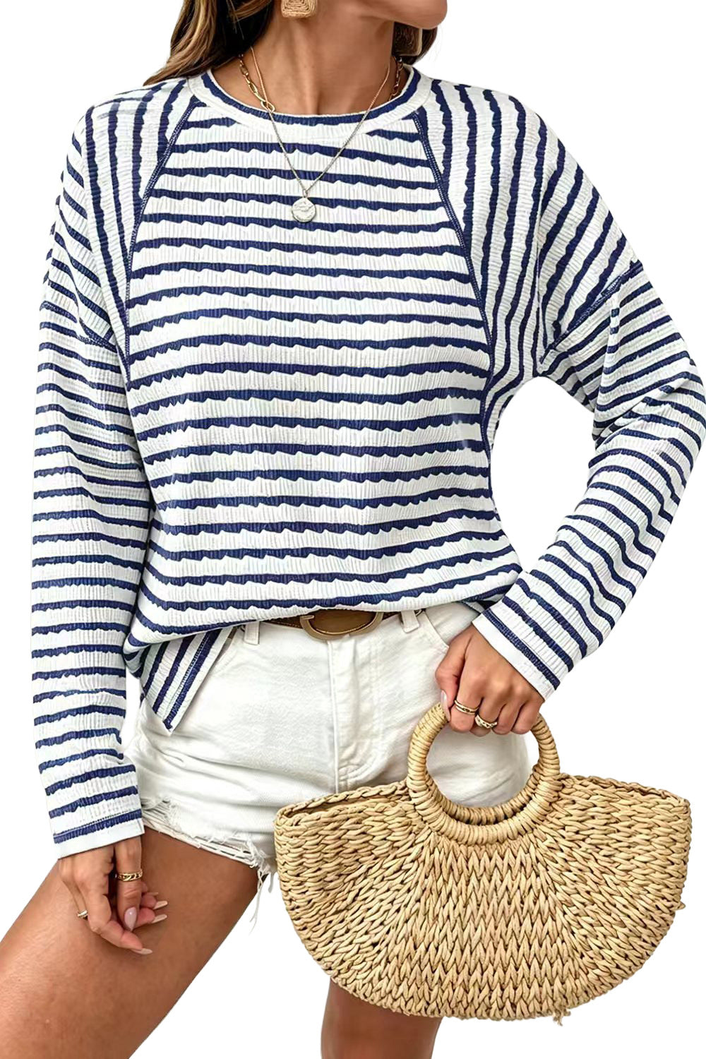 Top Casual Textured Striped Long Sleeve Pullover Knit