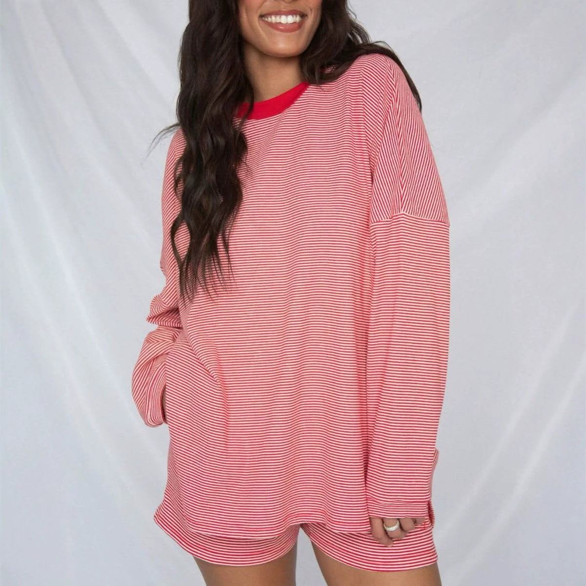 Women's Striped Oversized Long Sleeve Lounge Shorts Set