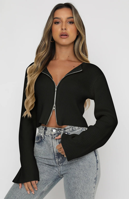 Trendy Zip-Up Cropped Knit Sweater for Women
