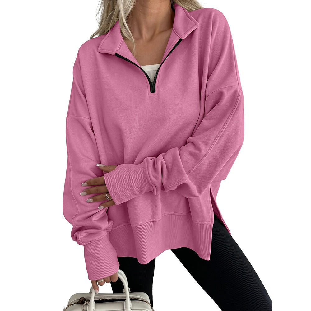 Half Zip Oversized Pullover Sweatshirt Side Slit Casual Top