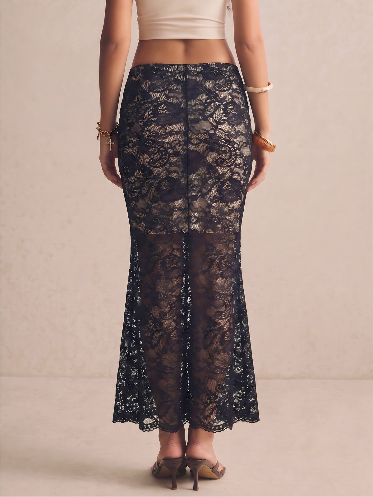 Black Lace Maxi Skirt High Waist Slit Floral Sexy