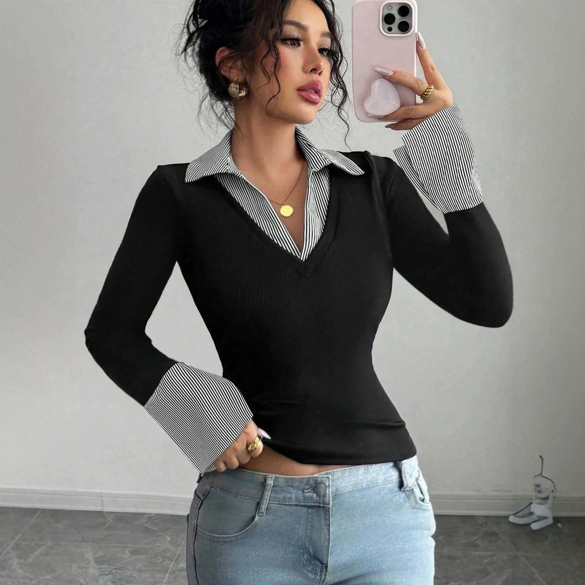Women's Layered Striped Collar V Neck Flare Cuff Top