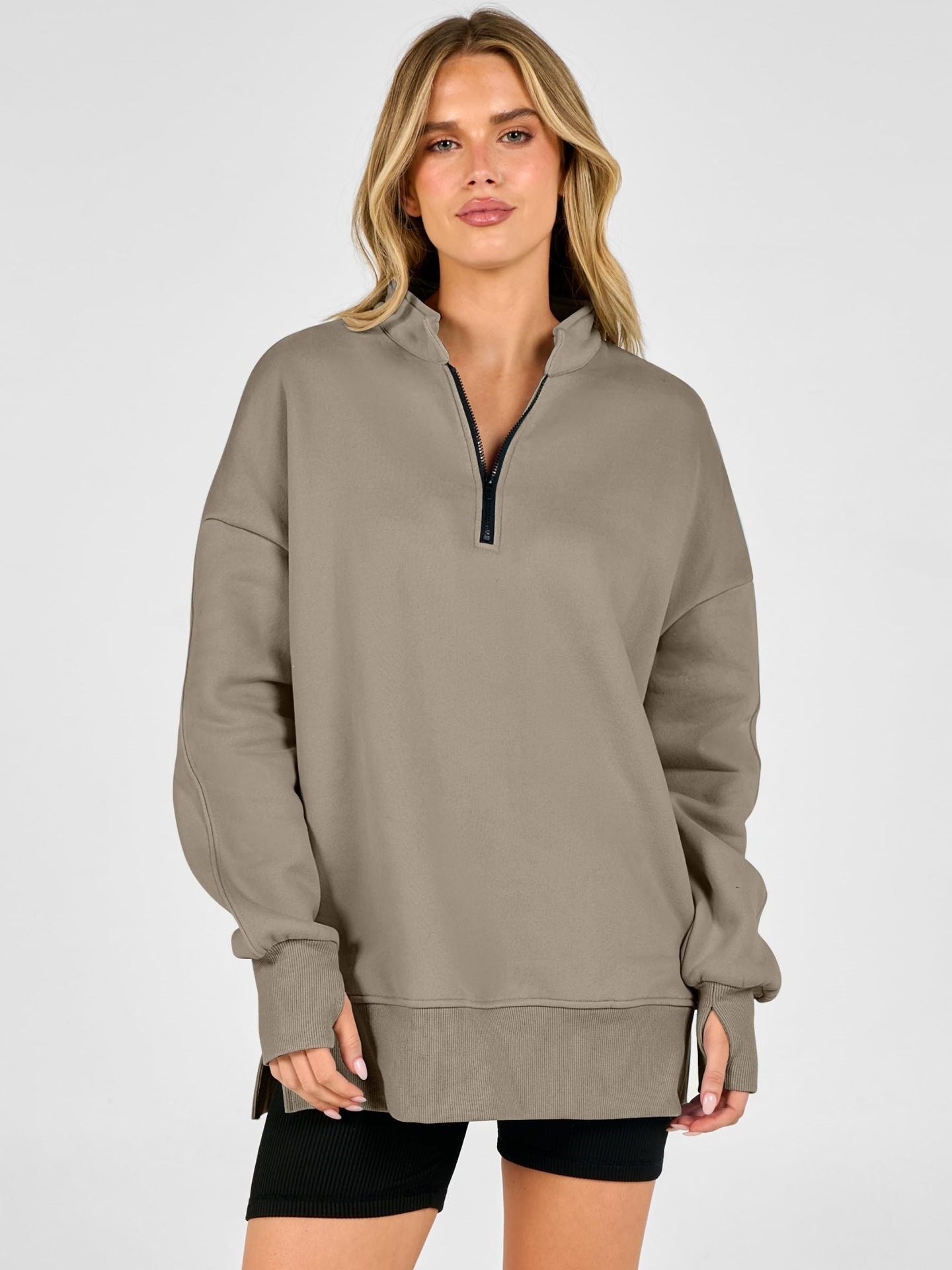 Half Zip Oversized Pullover Sweatshirt Side Slit Casual Top