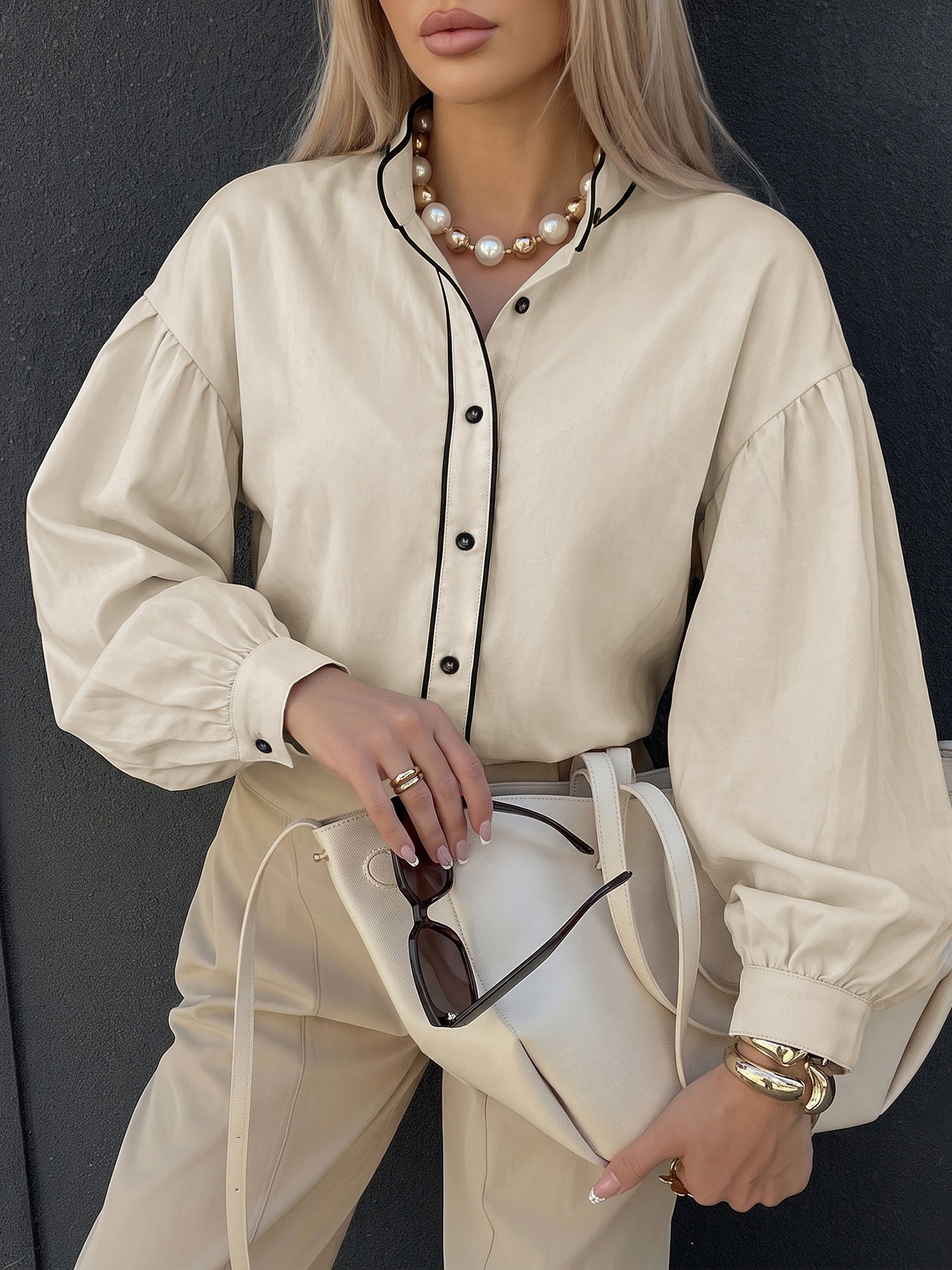 Women's Balloon Sleeve Contrast Trim Button Down Blouse