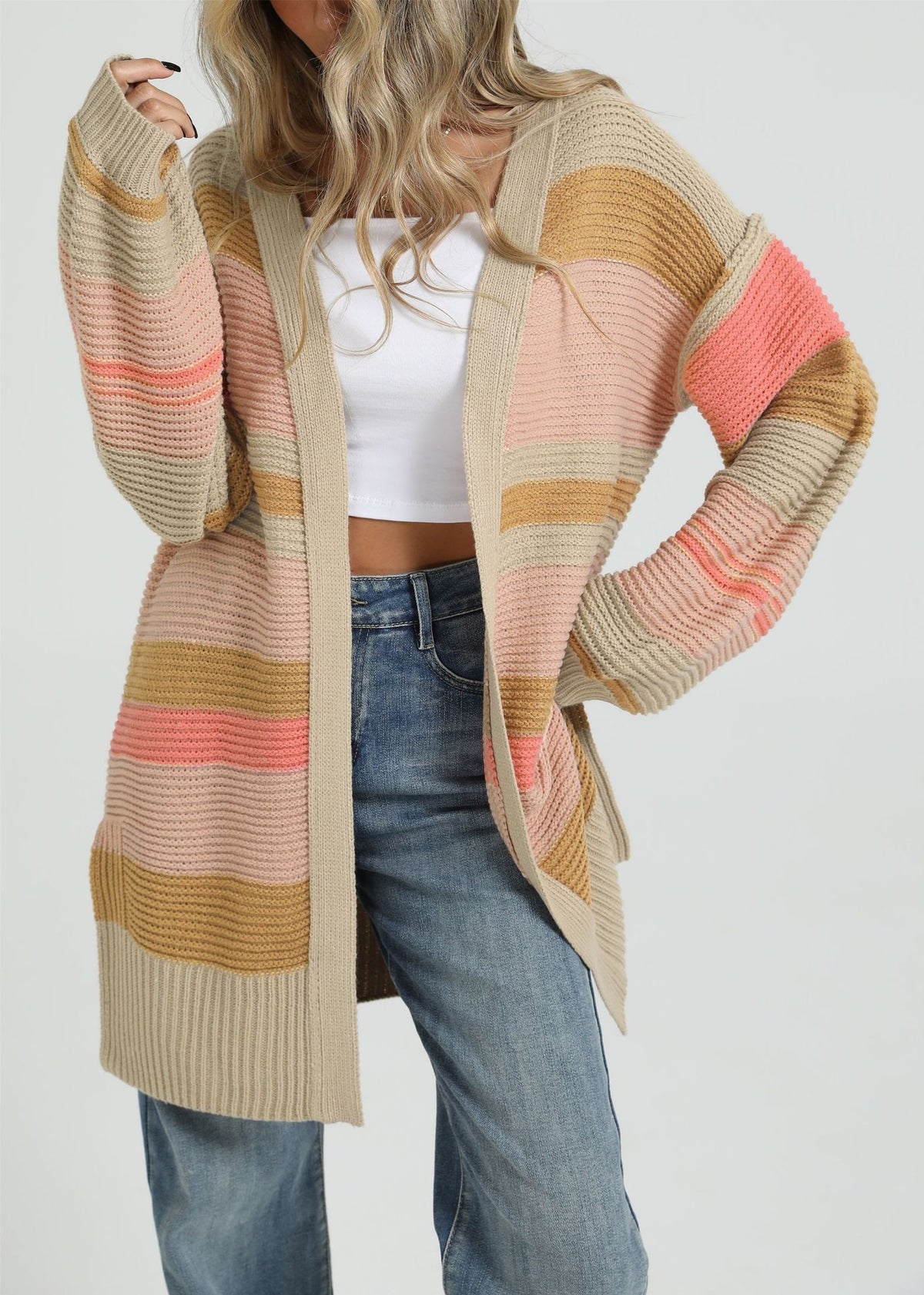 Oversized Color Block Chunky Knit Long Cardigan