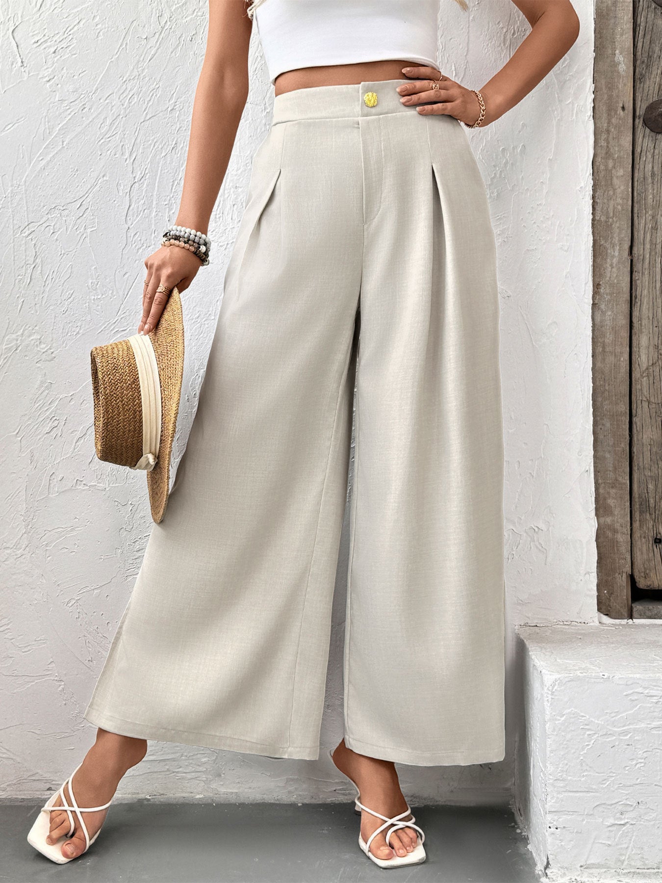 Elegant Gray Tailored Wide Leg Summer Pants
