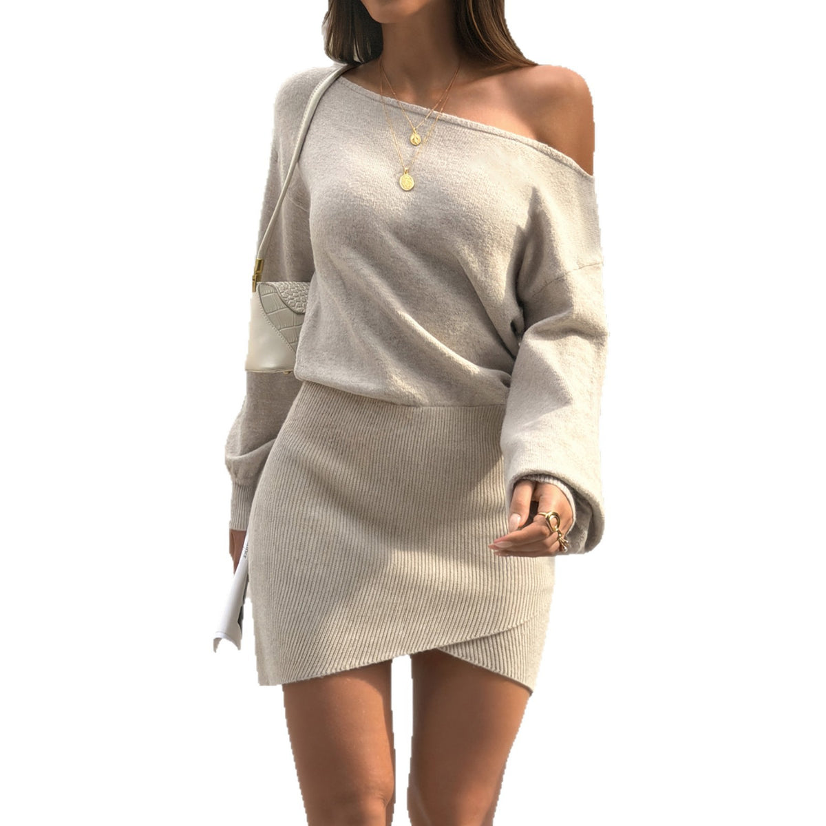One Shoulder Knit Sweater & Bodycon Skirt Set