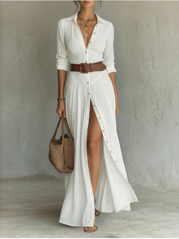 Belted V Neck Maxi Shirt Dress with Front Slit