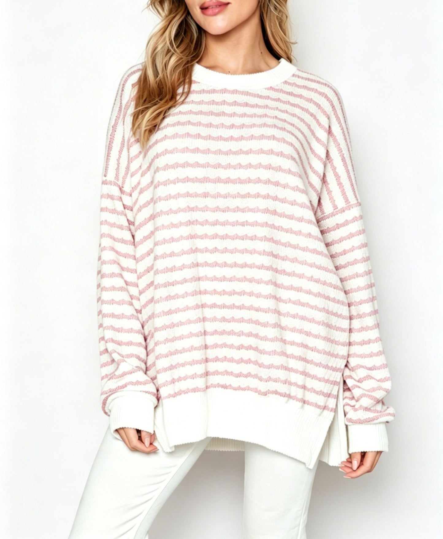 Striped Oversized Crew Neck Sweater Boutique Knit Top