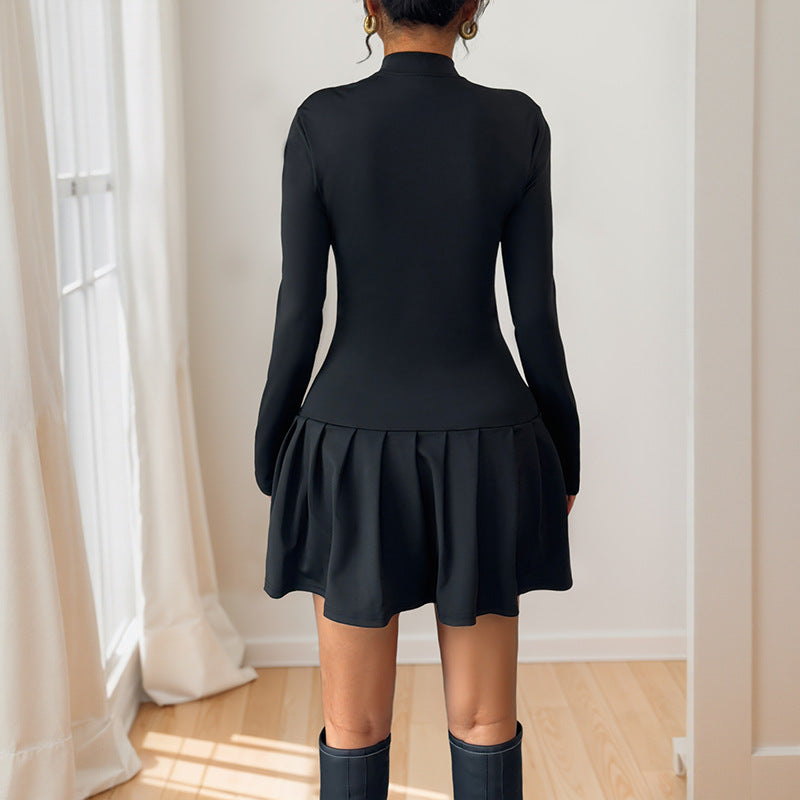 Elegant Black Long Sleeve Dress with Bow and Button Details