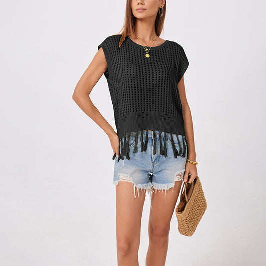 Crochet Fringe Knit Top Sleeveless Beach Cover Up