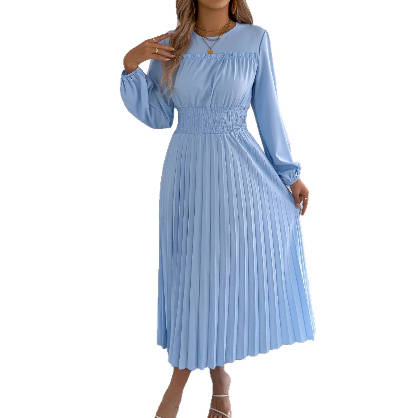 Light Blue Smocked Waist Long Sleeve Pleated Maxi Dress