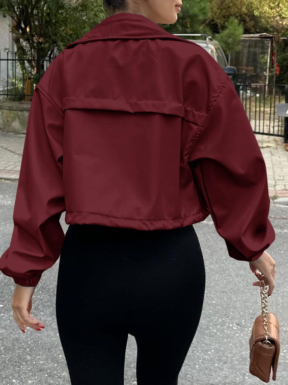 Solid Cropped Windbreaker Utility Jacket