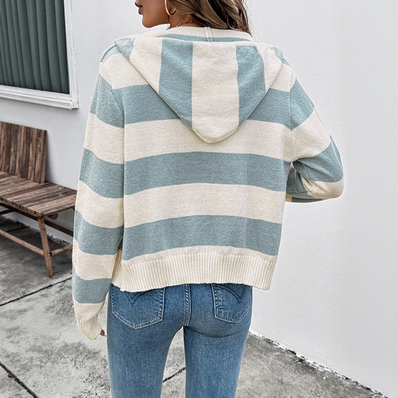 Striped Knit Zip Up Hoodie Cardigan with Pockets