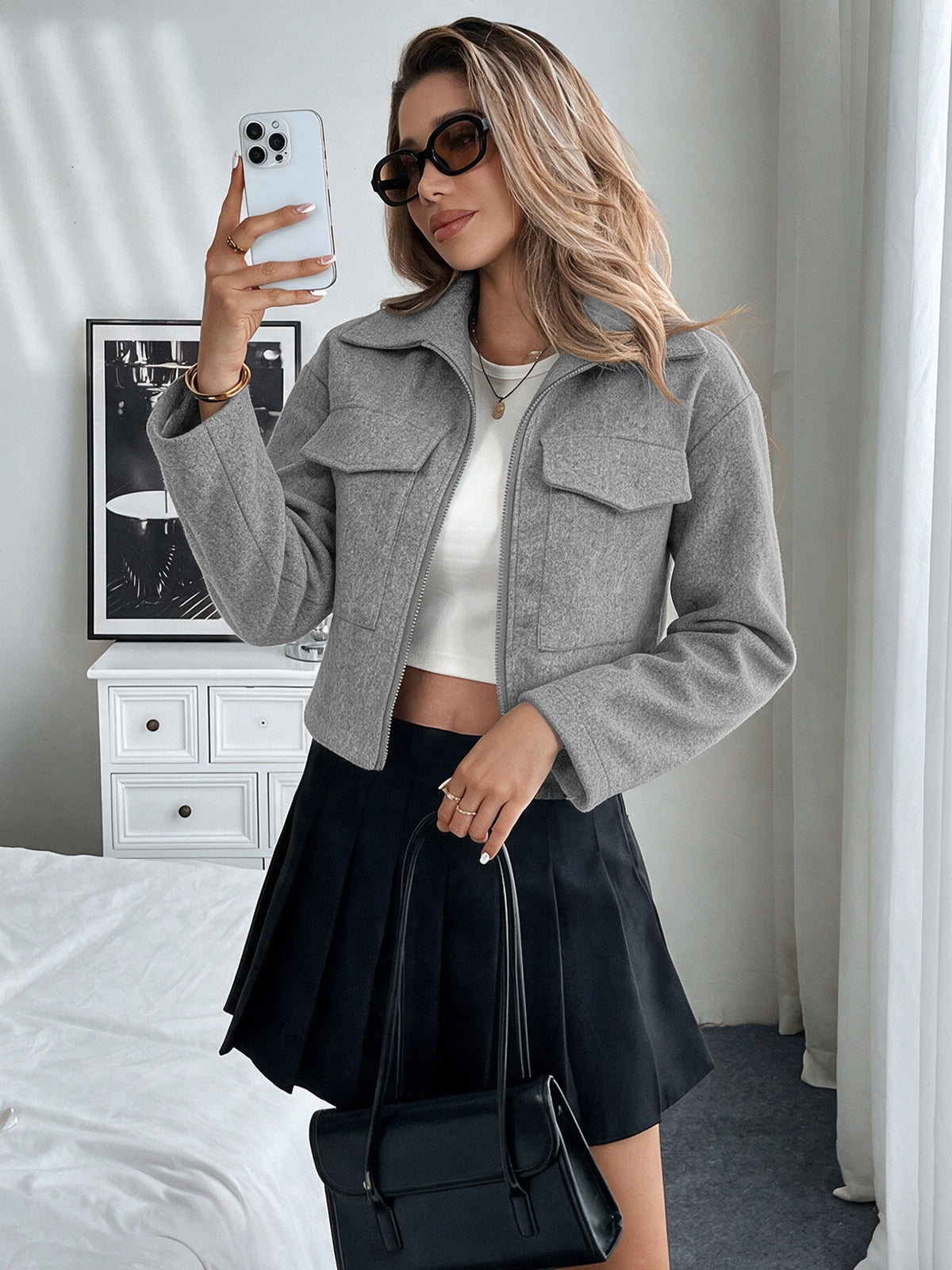 Women's Cropped Zip Wool Blend Jacket Collared Oversized