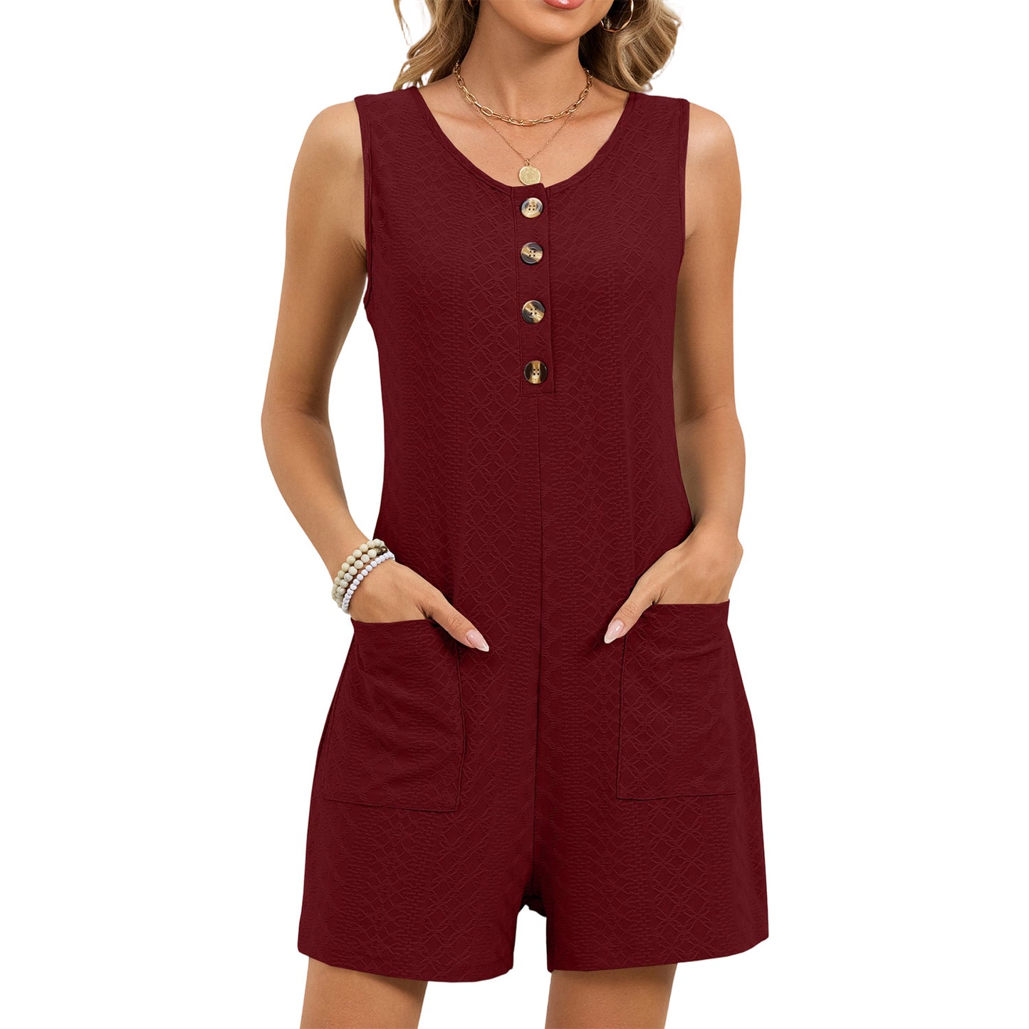 Solid Button Front Sleeveless Romper with Pockets