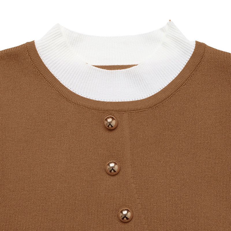 Colorblock Knit Sweater Elegant Button Trim Top