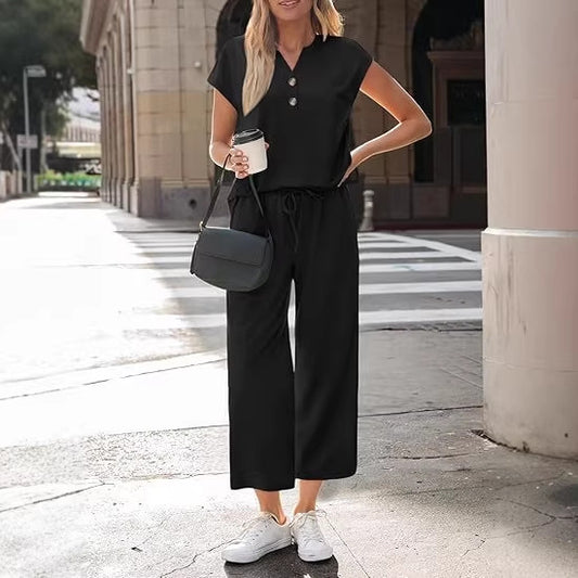 Women’s Button V-Neck Top Wide Leg Pants Set