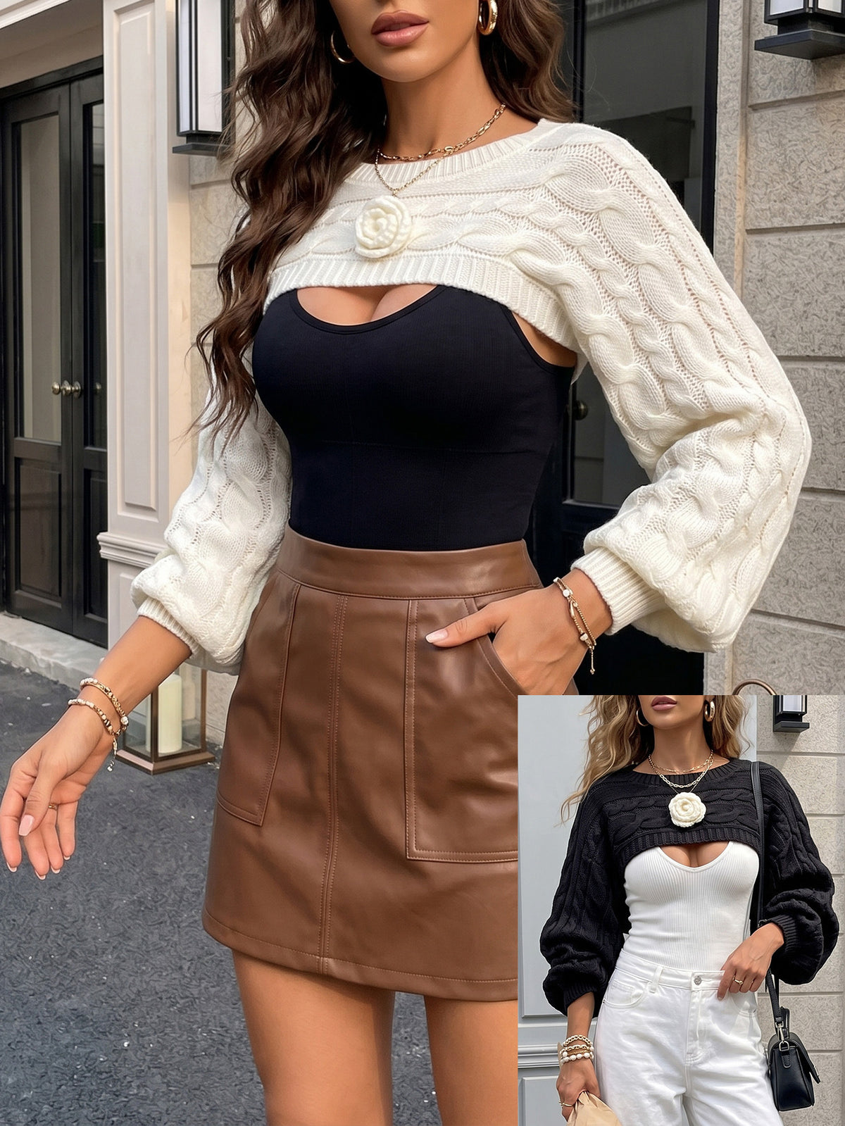 Women's Cable Knit Crop Shrug Sweater Open Back Long Sleeve