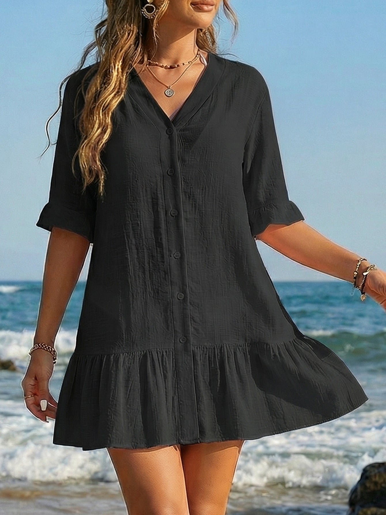 V Neck Button Front Ruffle Hem Beach Cover Up Dress