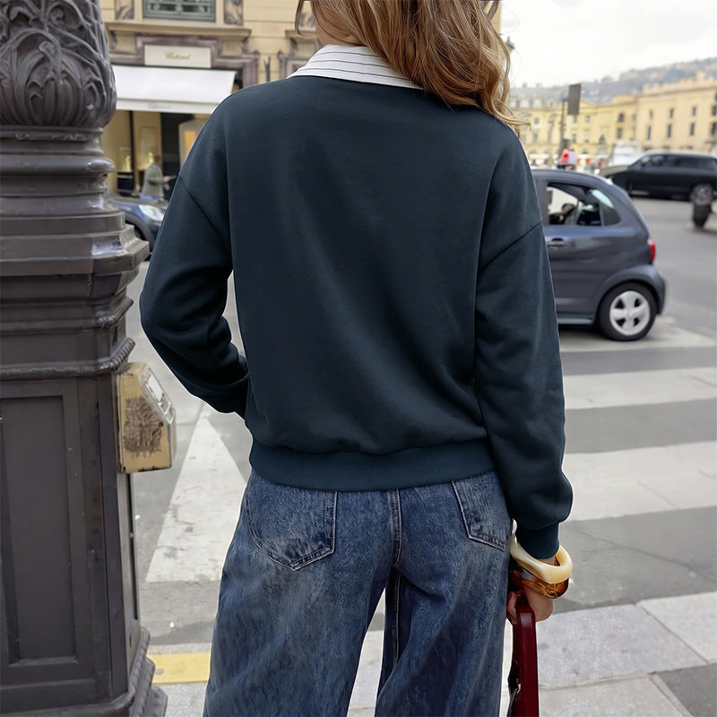 Women's Oversized Preppy Layered Striped Collar Sweatshirt