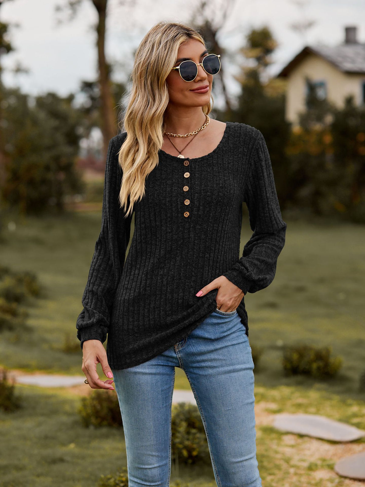 Women's Waffle Knit Button Front Lantern Sleeve Sweater