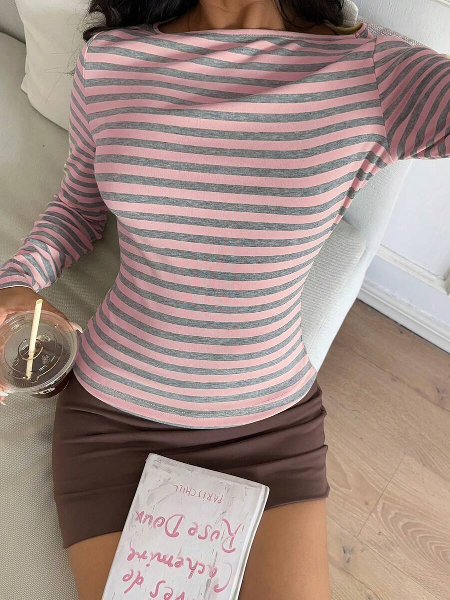 Striped Cotton Tee Casual Fitted Long Sleeve Trendy