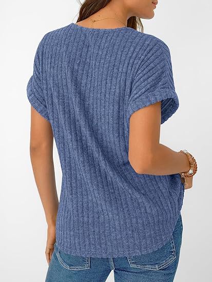Solid Ribbed T Shirt Casual V Neck Loose Fit