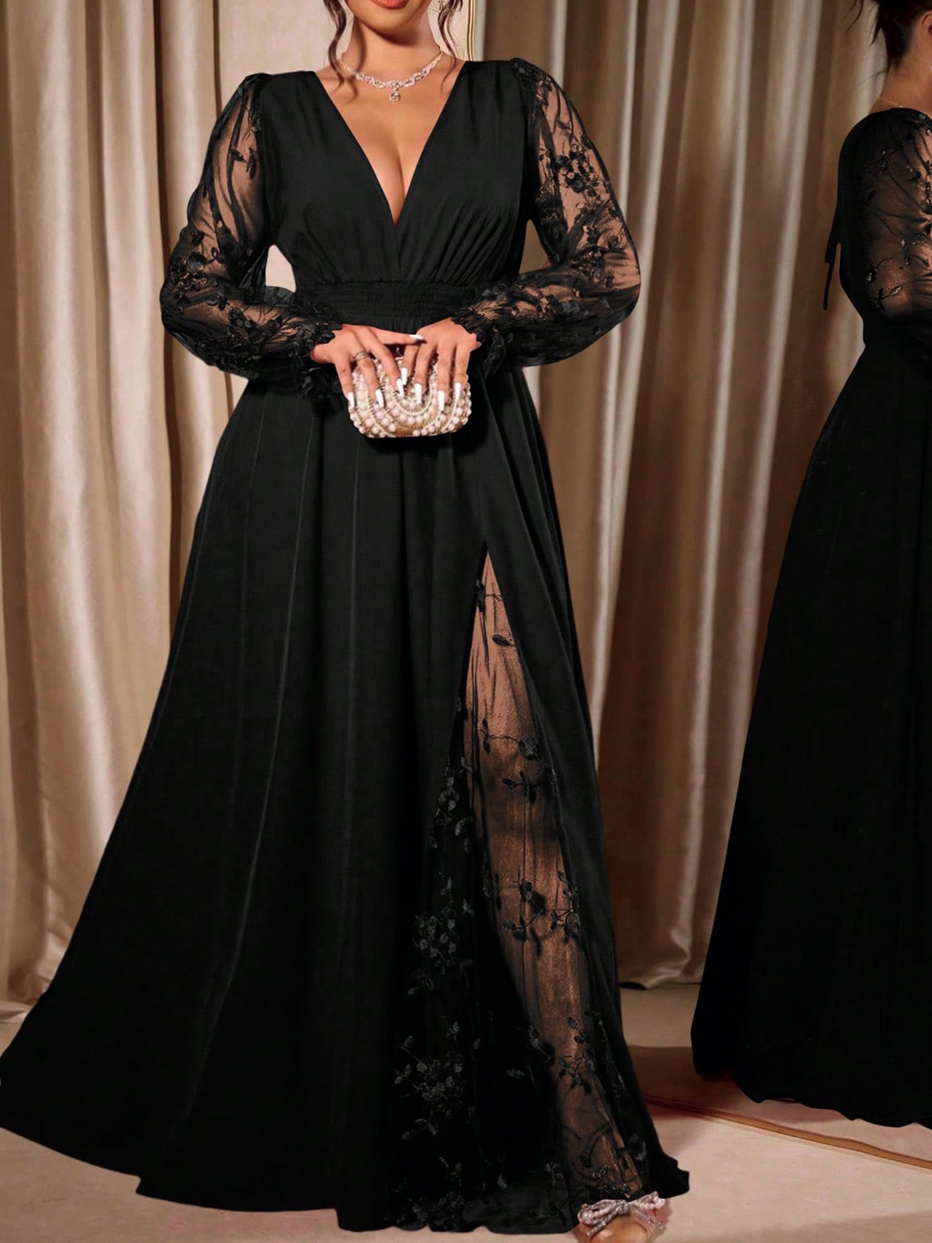Plus Size Lace Sleeve V Neck Formal Maxi Dress