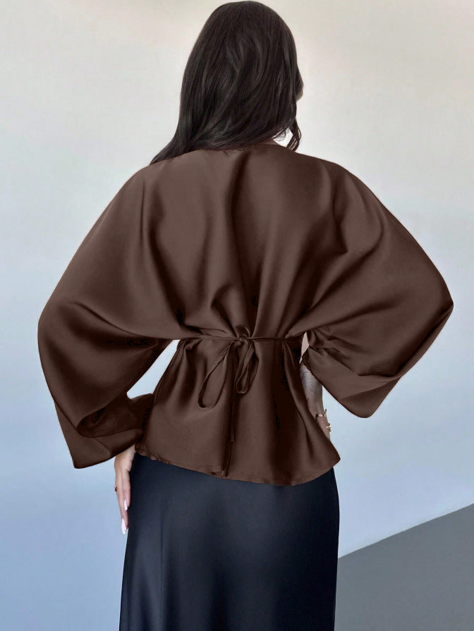 Women's Satin Batwing Long Sleeve Cinched Waist Blouse