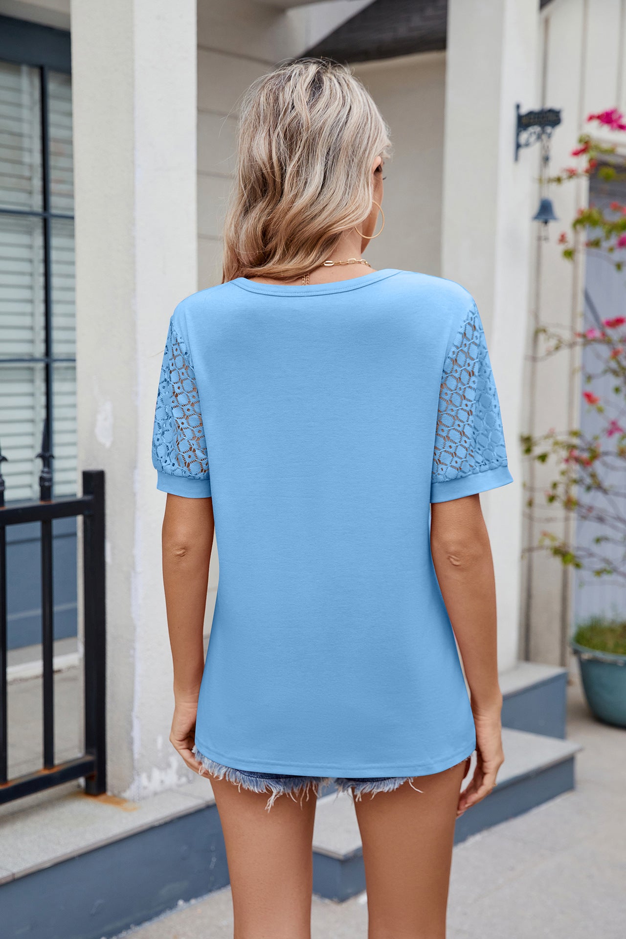 V-Neck Lace Sleeve Relaxed Fit Short Sleeve Top