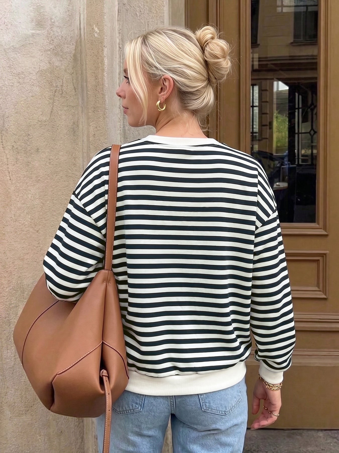 Striped Sweatshirt Terry Top Trendy Bow Detail Boutique Style
