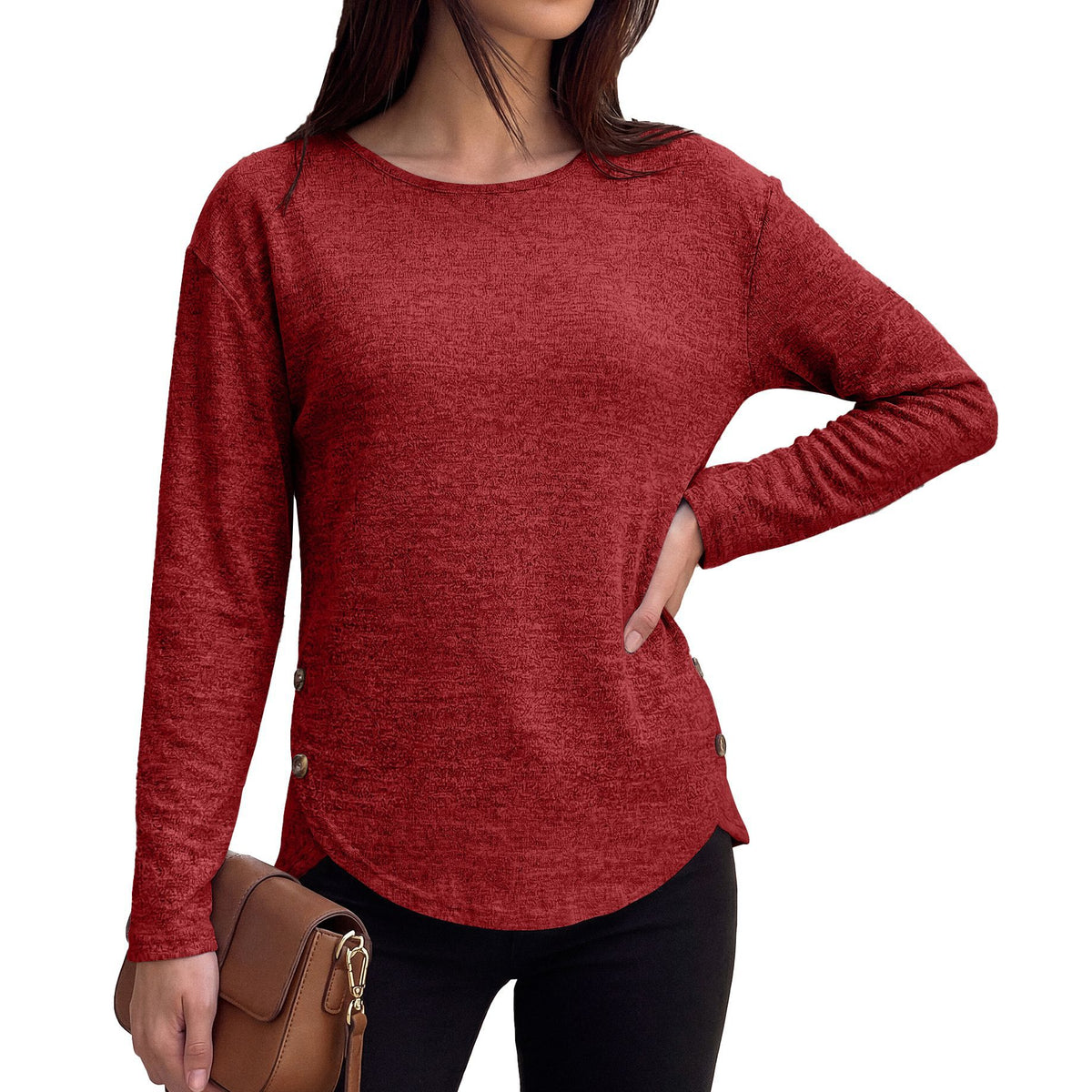 Women's Loose Long Sleeve Side Button Slit Tunic Top