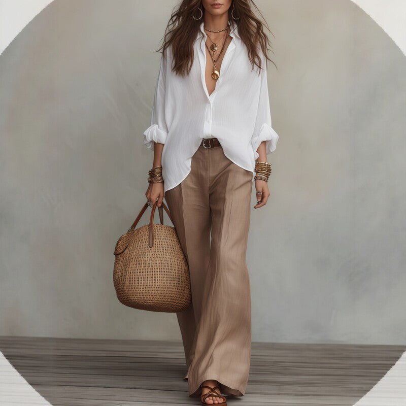 Women's Relaxed 2 Piece Button Down Wide Leg Pants Set