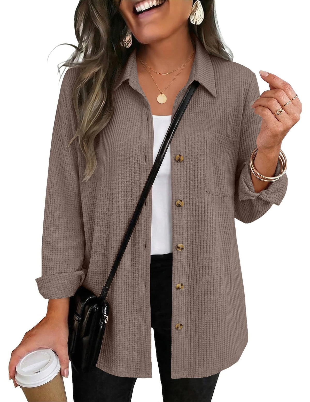 Women's Waffle Knit Button Down Long Sleeve Tunic Shirt