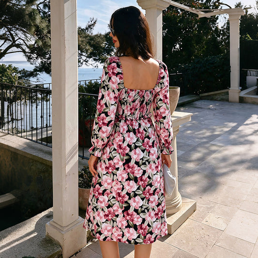Floral Square Neck Midi Dress Smocked Long Sleeve