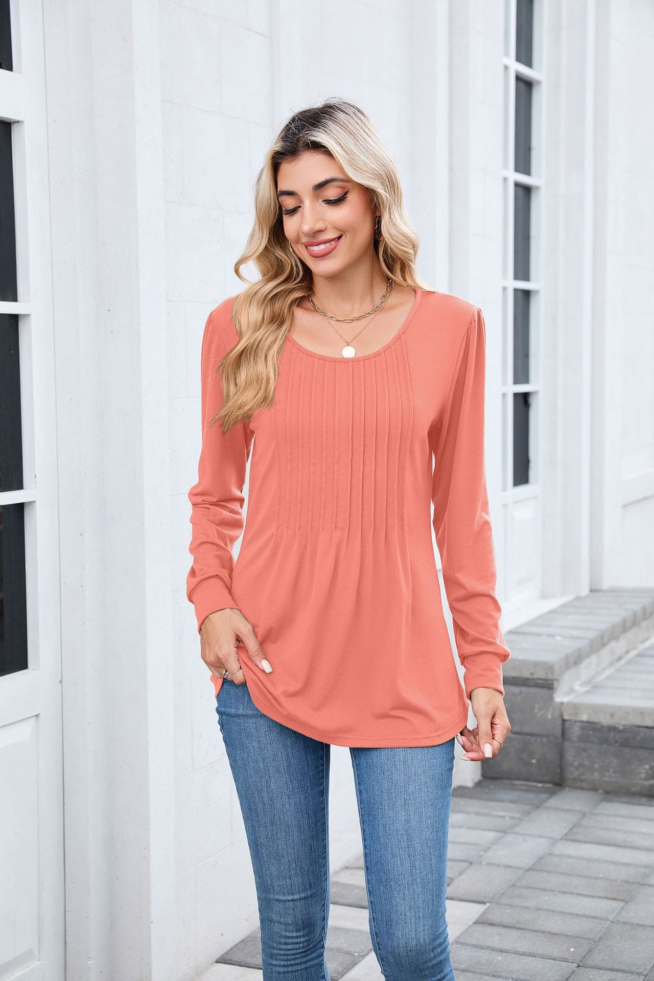 Pleated Front Long Sleeve Tunic Tee | Casual Crew Neck Top