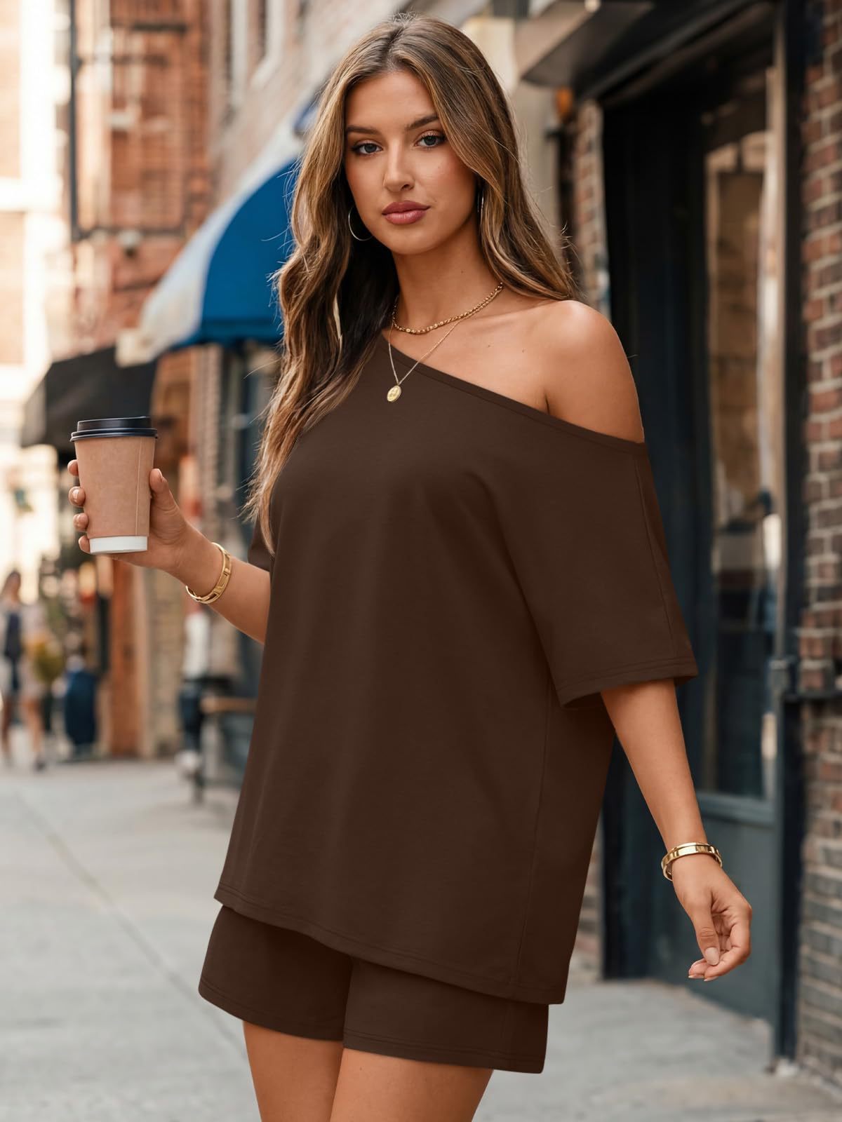 Women's Off Shoulder Lounge Set Casual Two Piece Shorts Outfit
