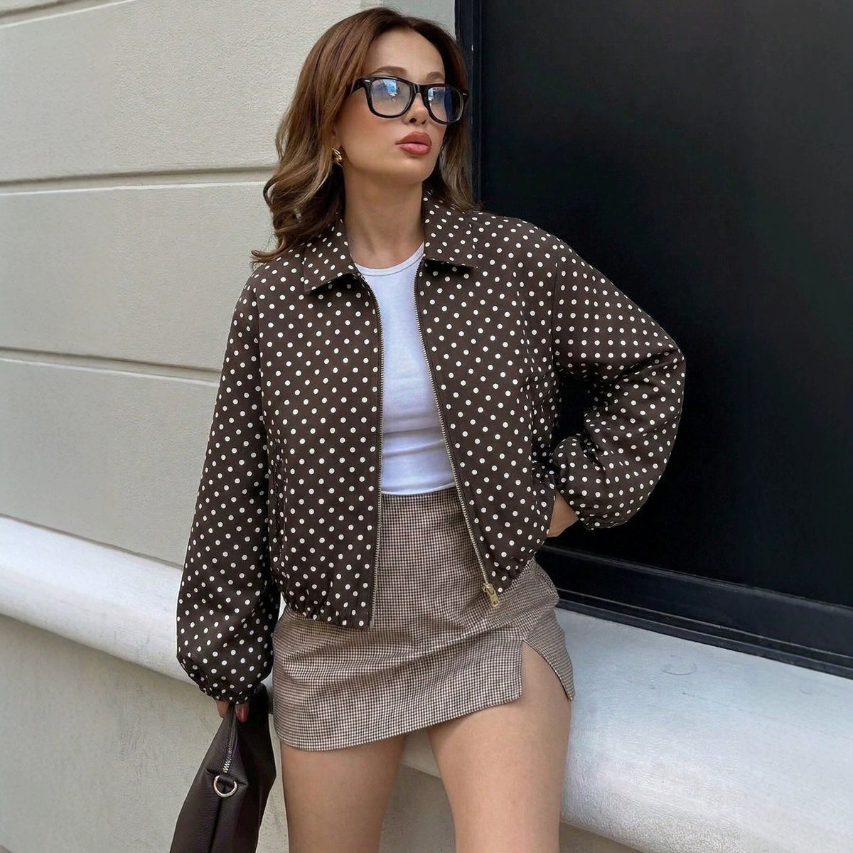 Women's Vintage Polka Dot Cropped Zip-Up Jacket