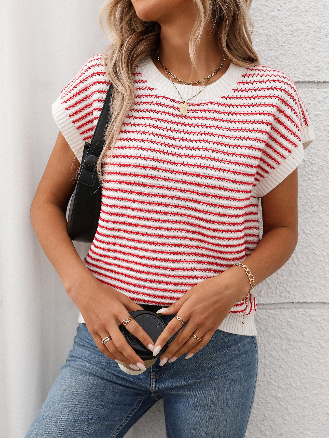 Red Stripe Lightweight Knit Short Sleeve Sweater Top