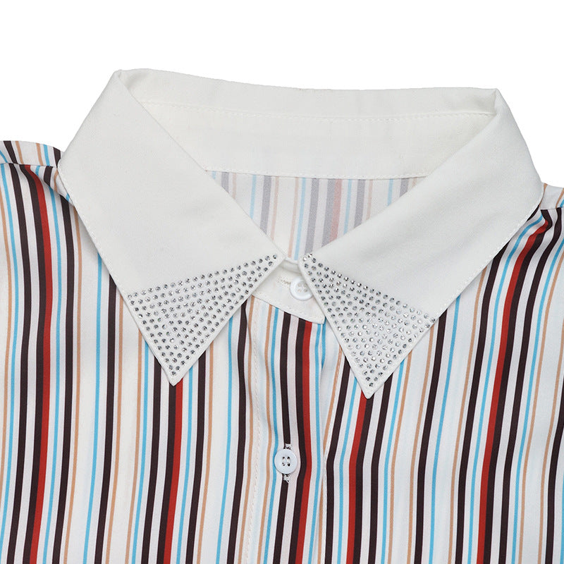 Button Lapel Shirt Cuffs Striped Long Sleeve Cardigan Top