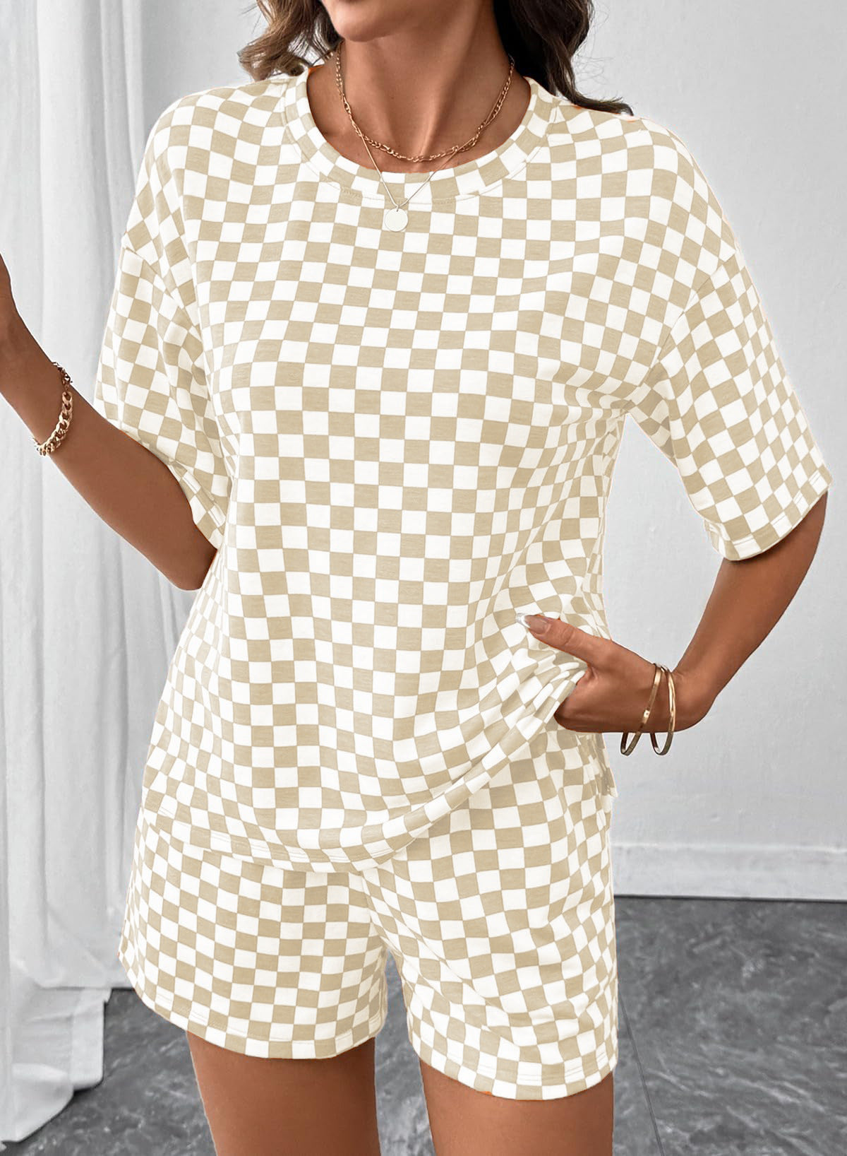 Women's Checkerboard Lounge Set Drawstring Shorts Casual