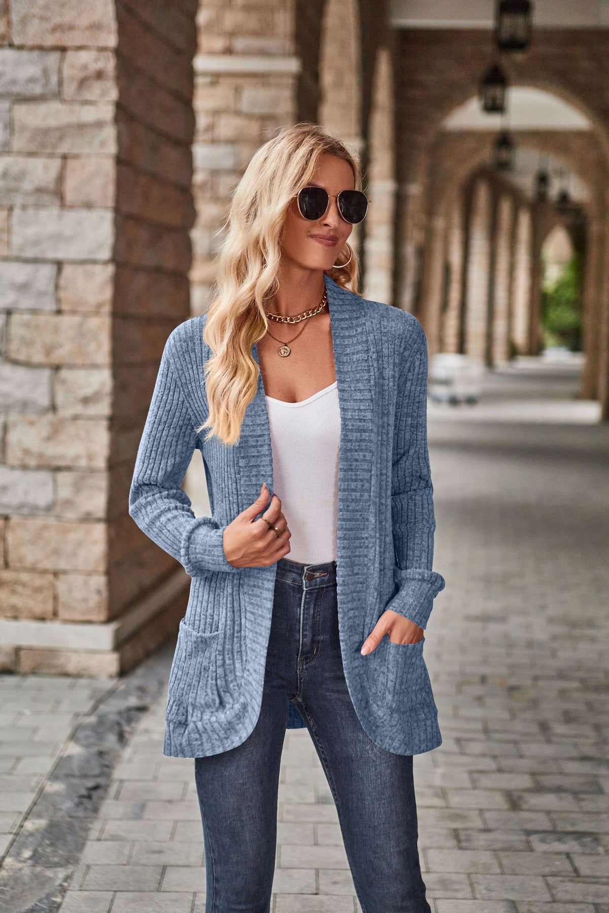 Women's Ribbed Knit Open Front Cardigan Long Sleeve Pockets