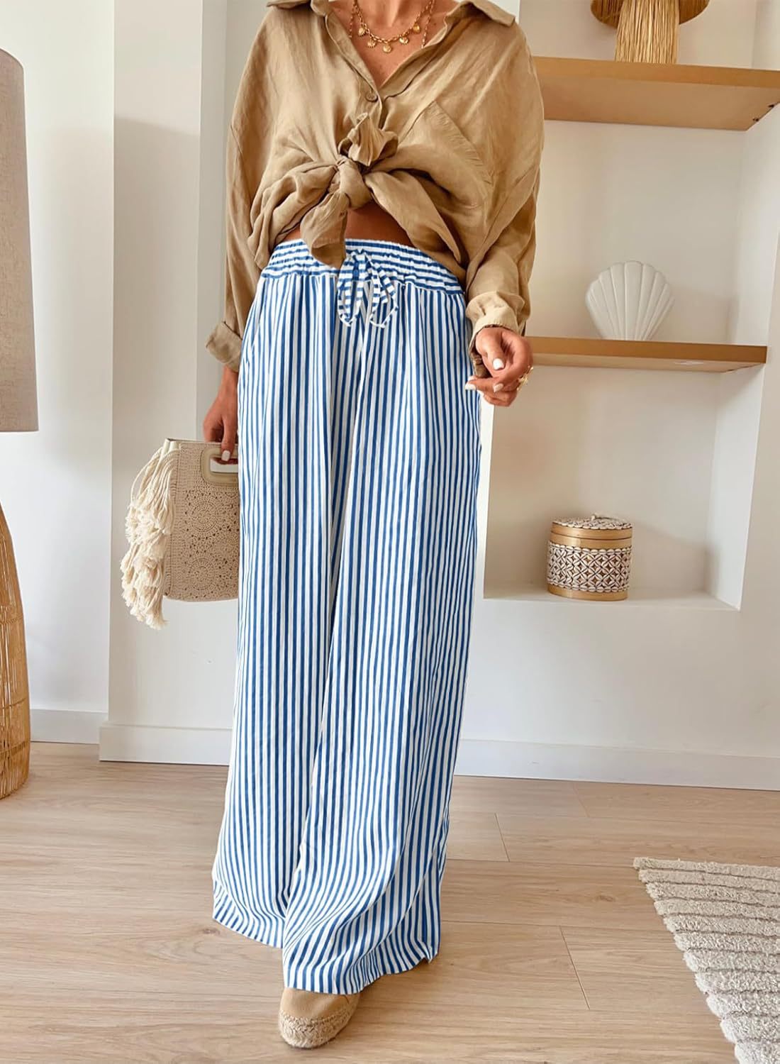 Striped Wide Leg Pants Casual Boho Trendy