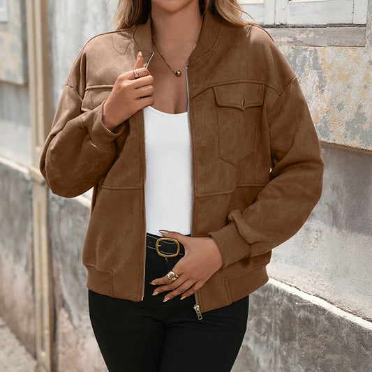 Baseball Collar Suede Casual Jacket with Zip Pockets