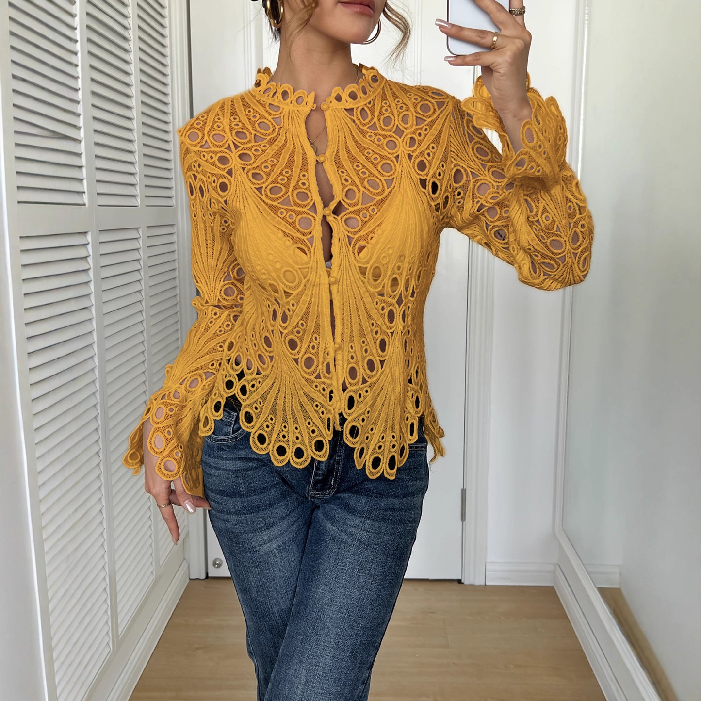 Crochet Lace Blouse with Sheer Bell Sleeves and Buttons