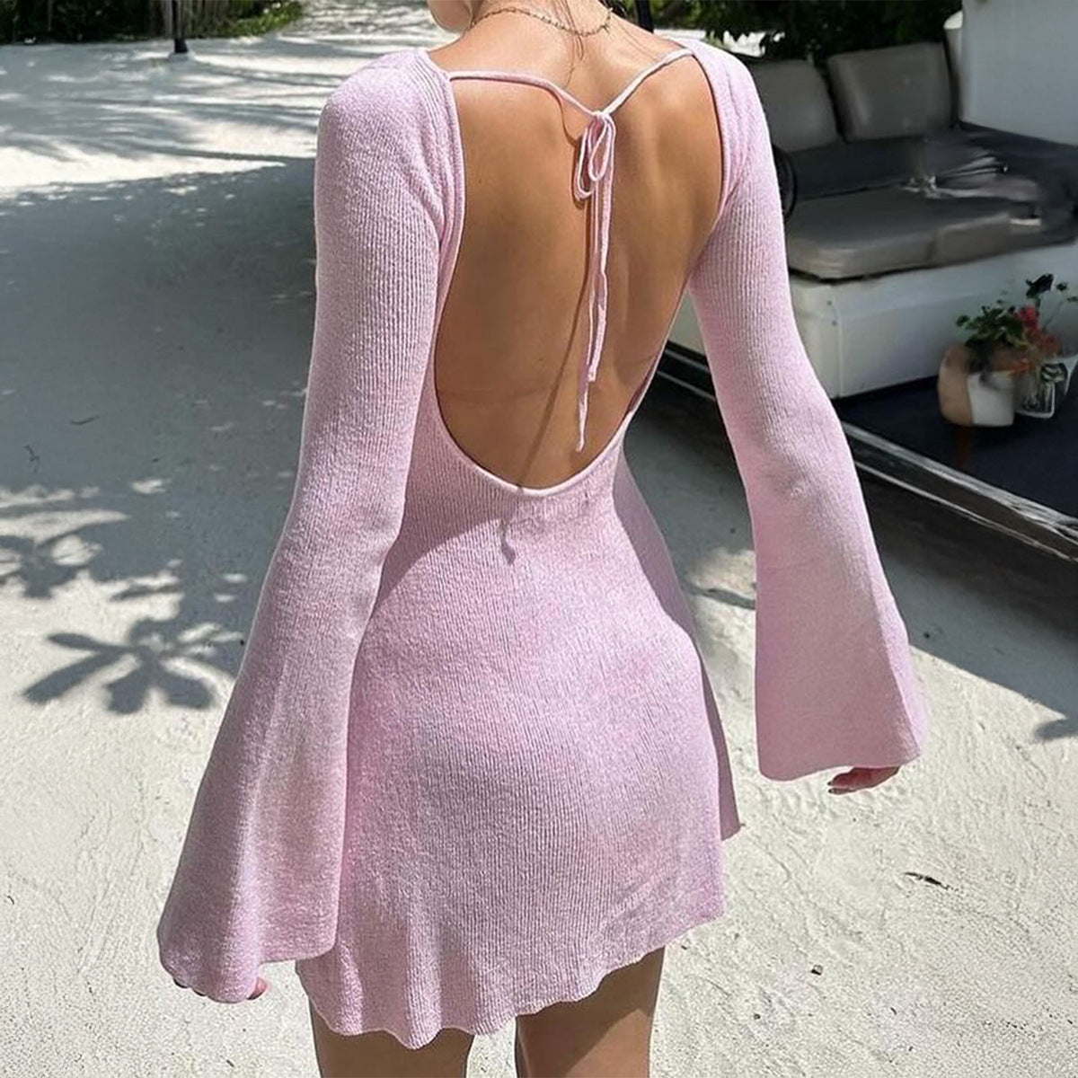 Solid Knit Dress Y2K Open Back Flare Sleeve