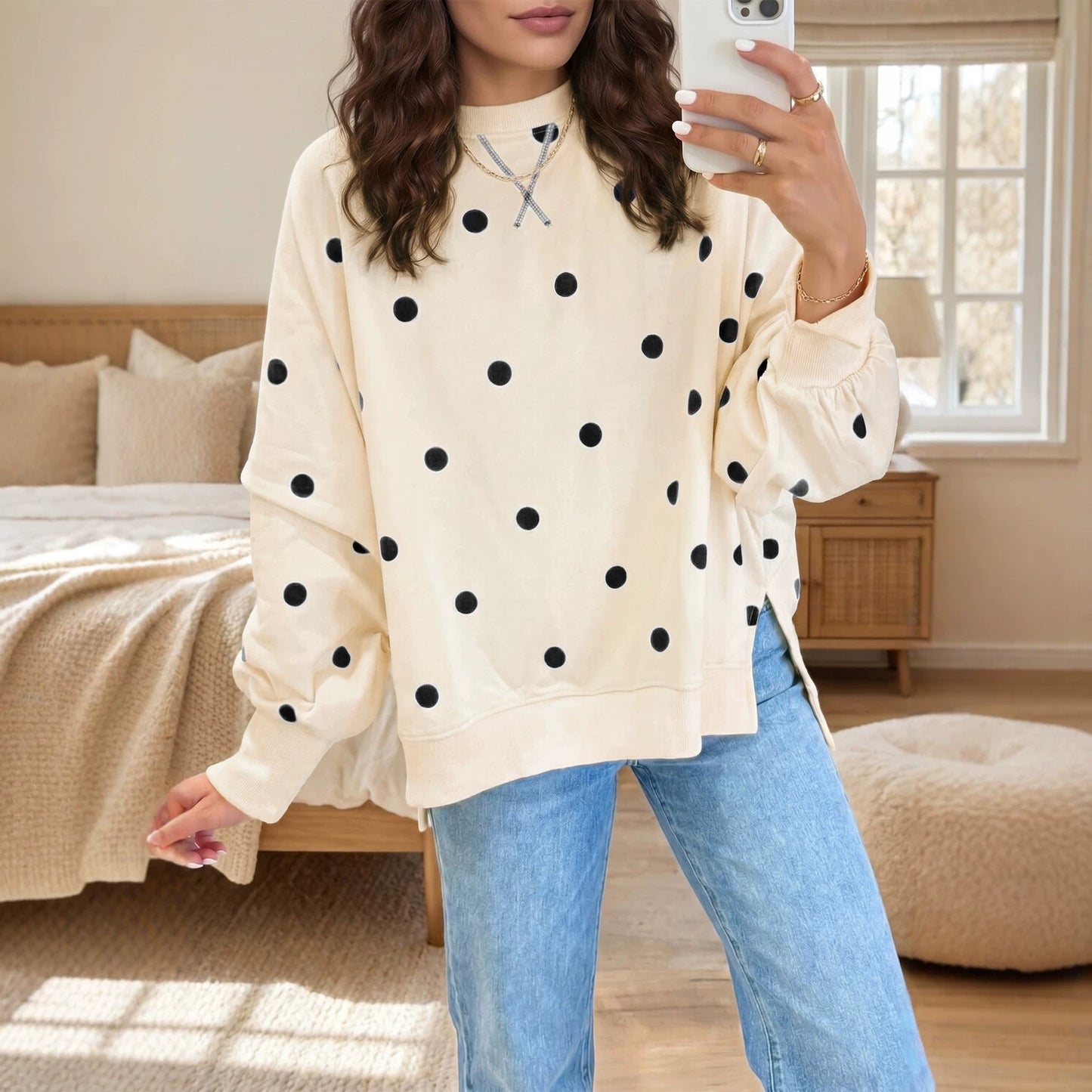 Custom Polka Dot Oversized Sweatshirt Womens Casual Pullover