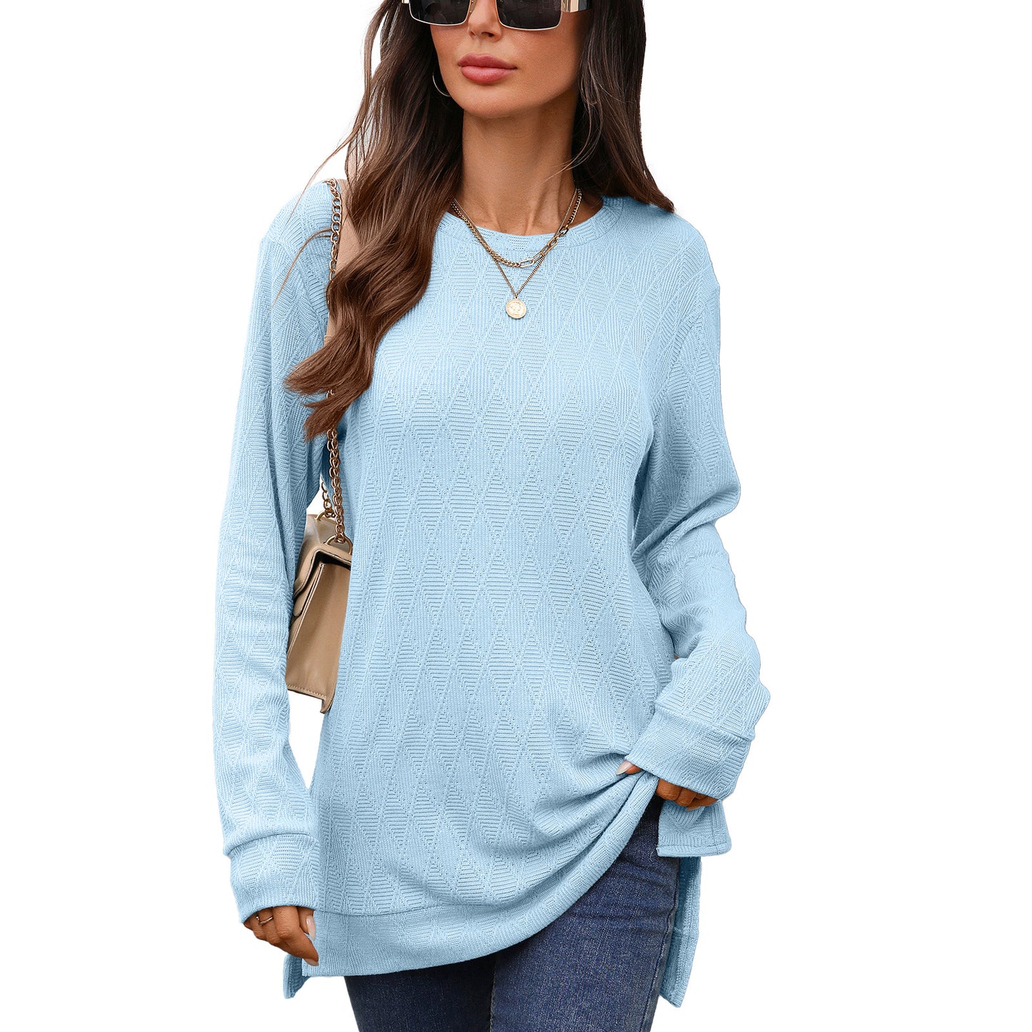Women's Oversized Geometric Tunic Top Side Slit Long Sleeve