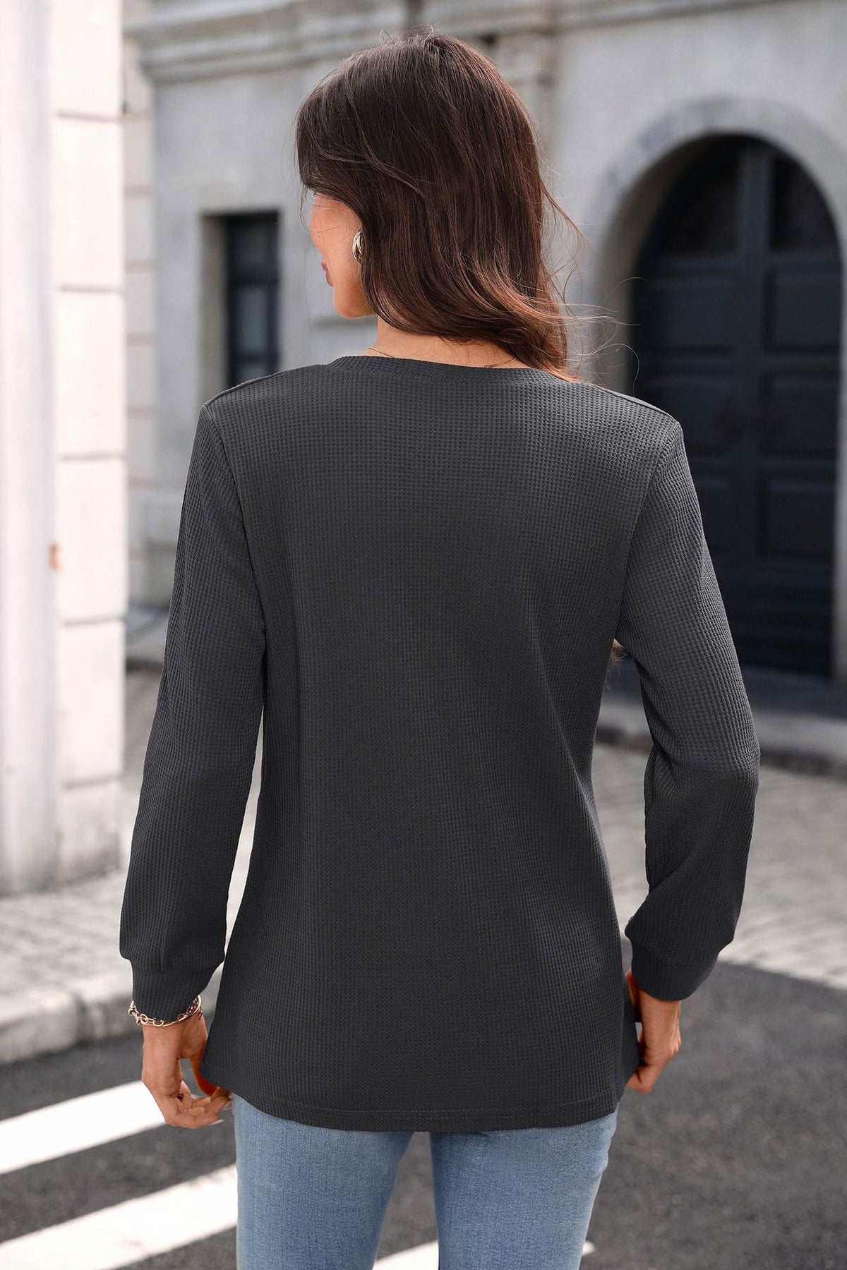 Waffle Knit V Neck Henley Long Sleeve Tunic Top